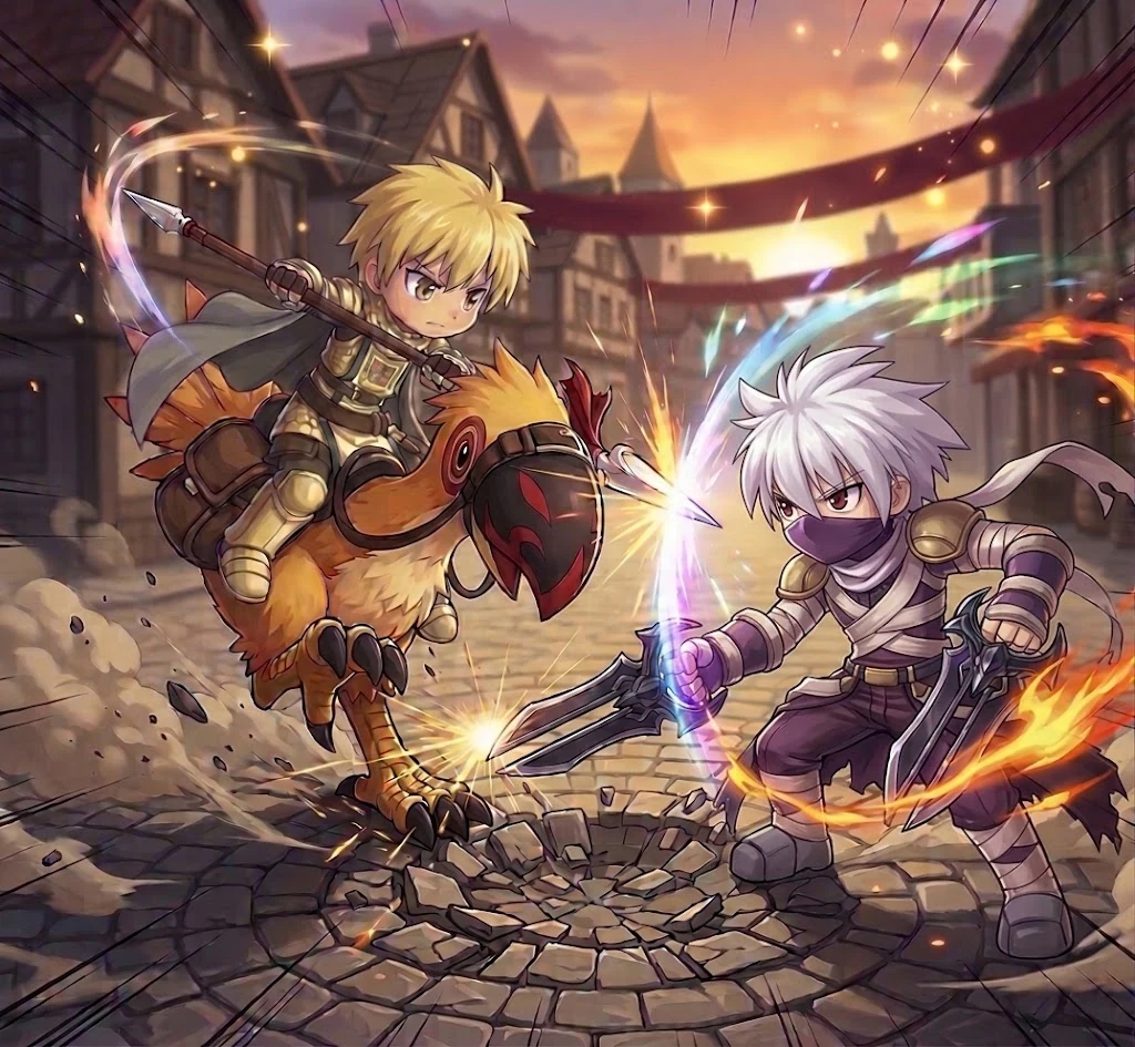 A chibi knight on a giant yellow bird clashes with a white-haired assassin in a sunset town square