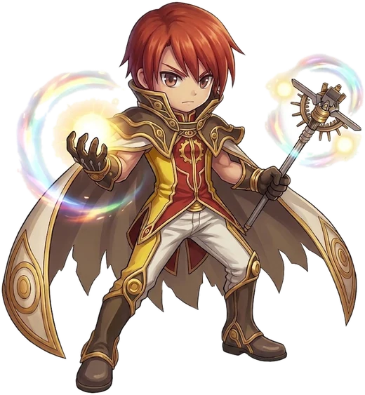 Wiz Rowan, a red-haired chibi wizard holding a glowing orb and a gear-topped staff